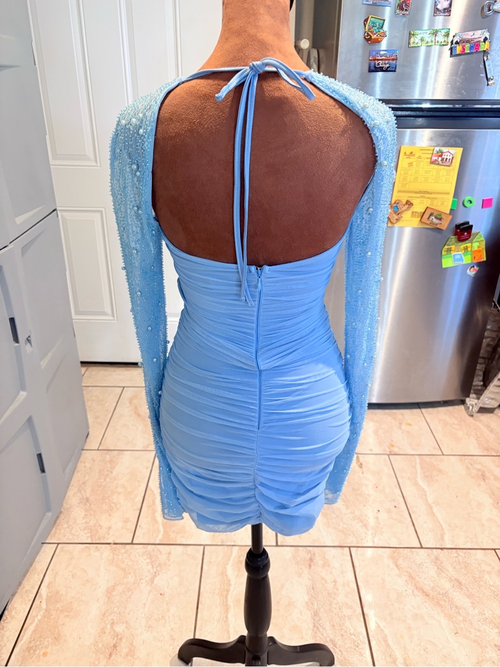 Oh Polly Sky Blue Ruched Backless Mini Dress